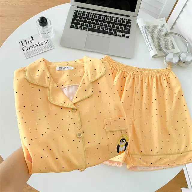 俏韵 翻领卡通夏季款冰丝甜美舒适短袖短裤薄款家居服可外穿睡衣套装 女款