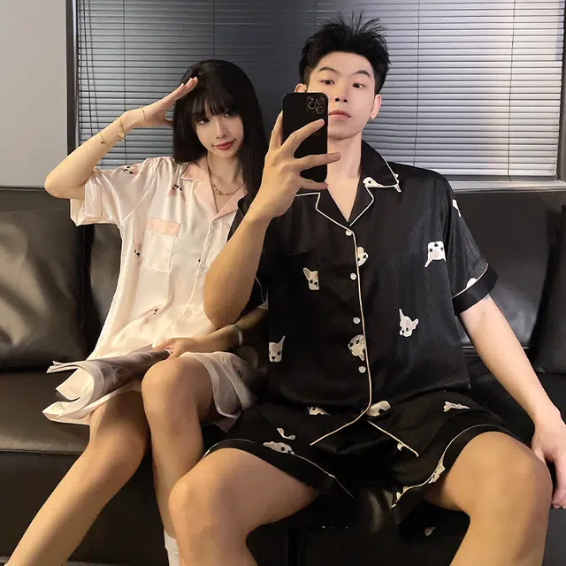 俏韵 休闲简约亲肤舒适字母翻领短袖透气可外穿睡衣套装 男女同款