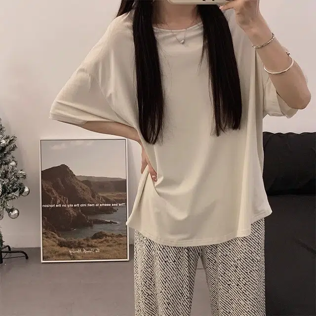 俏韵 圆领短袖上衣长裤宽松家居服可外穿睡衣套装 女款