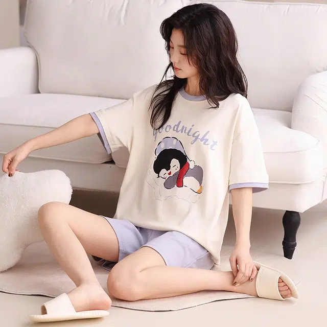 俏韵 圆领卡通企鹅夏季甜美可爱短袖短裤休闲舒适薄款家居服可外穿睡衣套装 女款