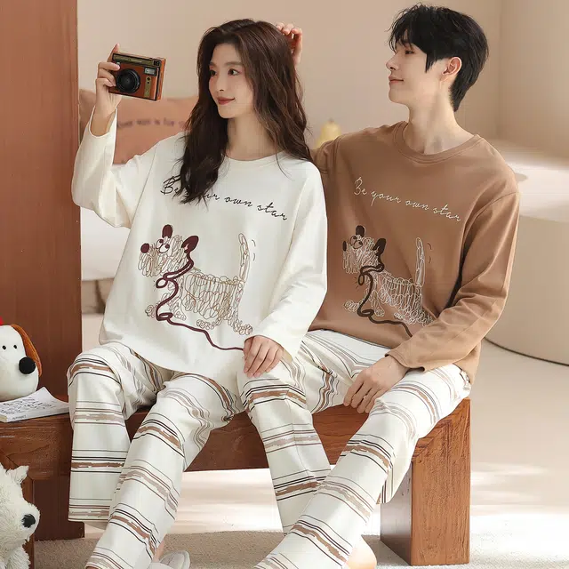 俏韵 圆领卡通春秋季款纯棉长袖长裤甜美印花可爱舒适薄款家居服可外穿睡衣套装 男女同款