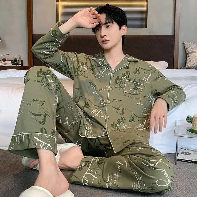 俏韵 翻领春秋季简约印花长袖休闲开衫薄款家居服可外穿睡衣套装 男款