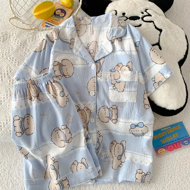 俏韵 翻领卡通夏季云朵棉短袖短裤可爱甜美薄款家居服可外穿睡衣套装 女款