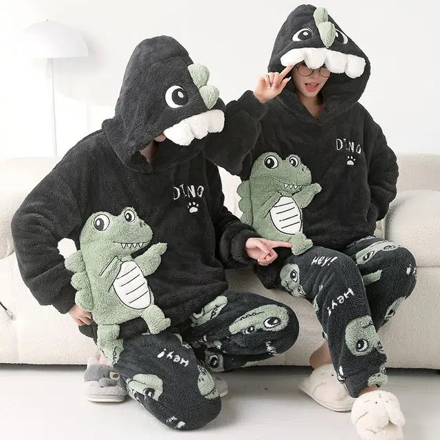 俏韵 连帽卡通恐龙冬季加绒保暖长袖长裤甜美印花可爱舒适家居服可外穿睡衣套装 男女同款