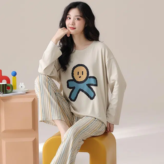 俏韵 圆领春秋季简约长袖长裤甜美舒适休闲高级家居服可外穿睡衣套装 男女同款