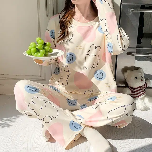 俏韵 圆领卡通春秋季款仿棉长袖甜美休闲家居服可外穿睡衣套装 女款