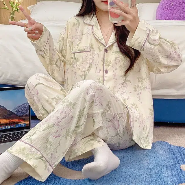 俏韵 翻领薄款云朵棉长袖带胸垫开衫休闲家居服可外穿睡衣套装 女款