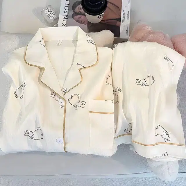 俏韵 翻领卡通春秋季云朵棉甜美可爱长袖长裤开衫休闲舒适薄款家居服可外穿睡衣套装 女款