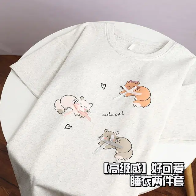 俏韵 甜美圆领卡通短袖可爱带胸垫家居服可外穿三分裤夏季睡衣套装 女款