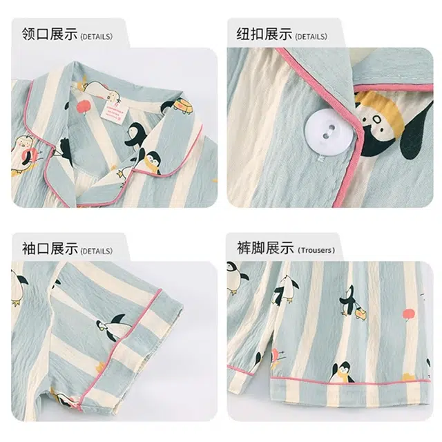俏韵 休闲卡通企鹅短袖长裤睡衣套装 女款 蓝色