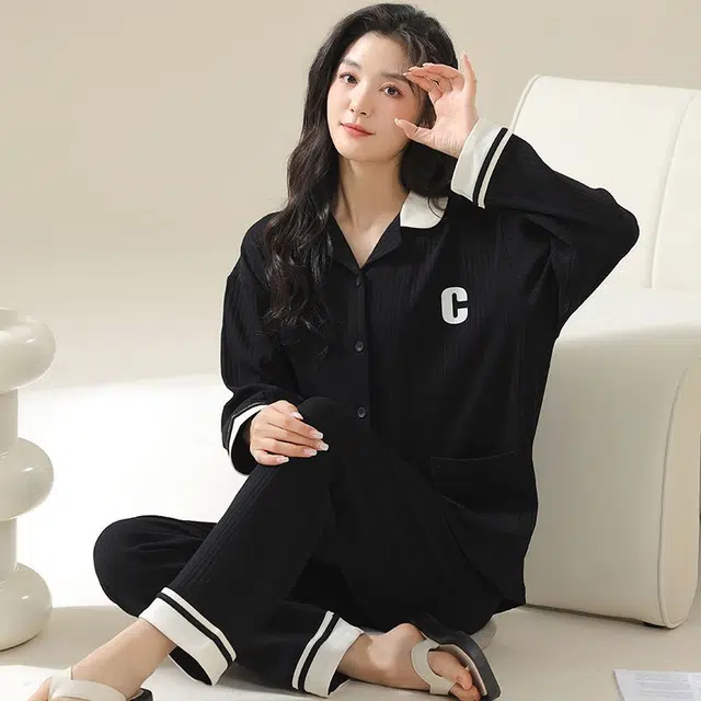 俏韵 翻领春秋季天长袖长裤开衫甜美可爱休闲舒适薄款家居服可外穿睡衣套装 女款