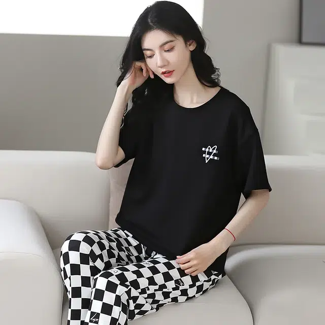 俏韵 舒适柔软爱心格子短袖长裤家居服睡衣套装 女款