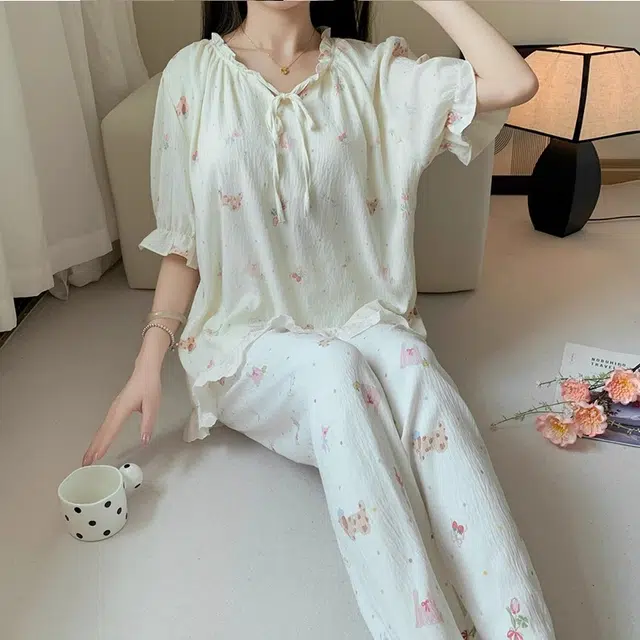 俏韵 圆领卡通小狗短袖长裤三件套薄款舒适家居服可外穿睡衣套装 女款