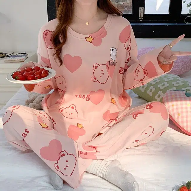 俏韵 圆领卡通春秋季仿棉长袖甜美休闲家居服可外穿睡衣套装 女款