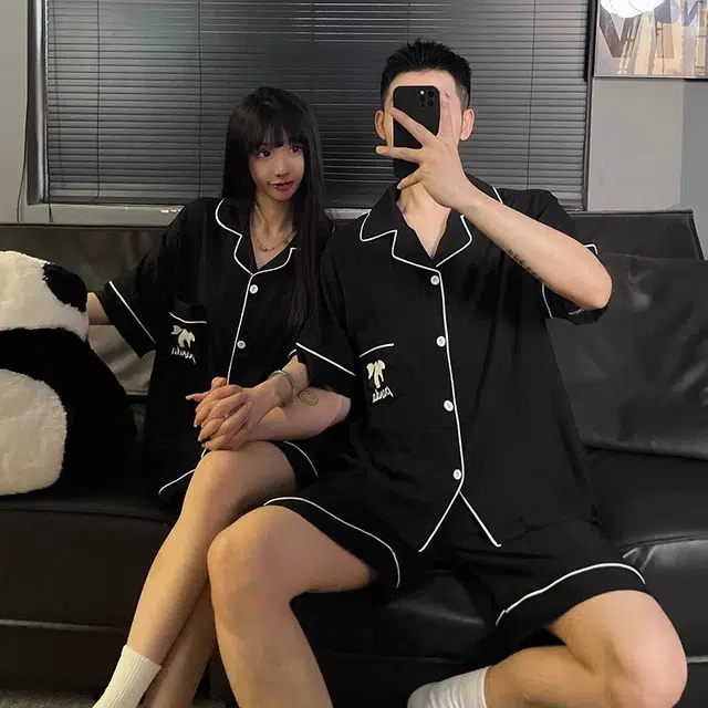 俏韵 翻领熊猫短袖三分裤可爱家居服可外穿夏季睡衣套装 男女同款