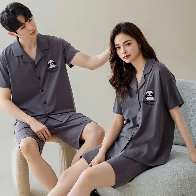 俏韵 夏季纯棉短袖短裤简约熊猫薄款家居服睡衣套装 男女同款