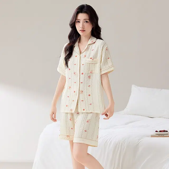 俏韵 翻领夏季天纯棉甜美可爱短袖舒适薄款家居服可外穿睡衣套装 女款