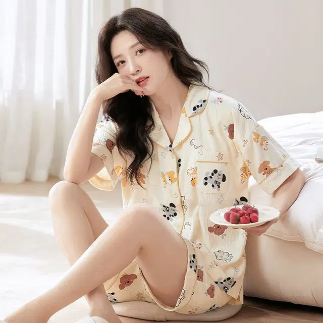 俏韵 翻领卡通甜美风短袖三分裤薄款家居服可外穿夏季睡衣套装 女款