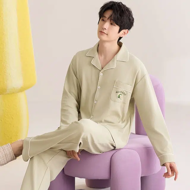 俏韵 翻领春秋季开衫长袖长裤休闲风简约宽松舒适薄款家居服可外穿睡衣套装 男款