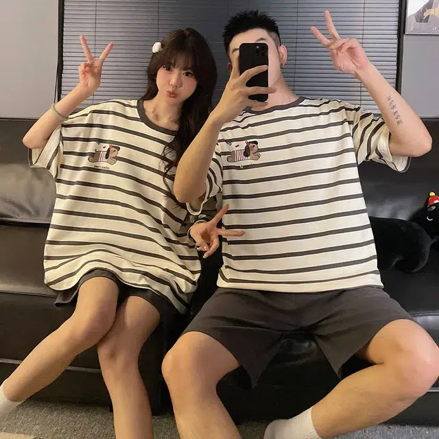 俏韵 圆领卡通仿棉短袖短裤大码家居服可外穿夏季睡衣套装 男女同款