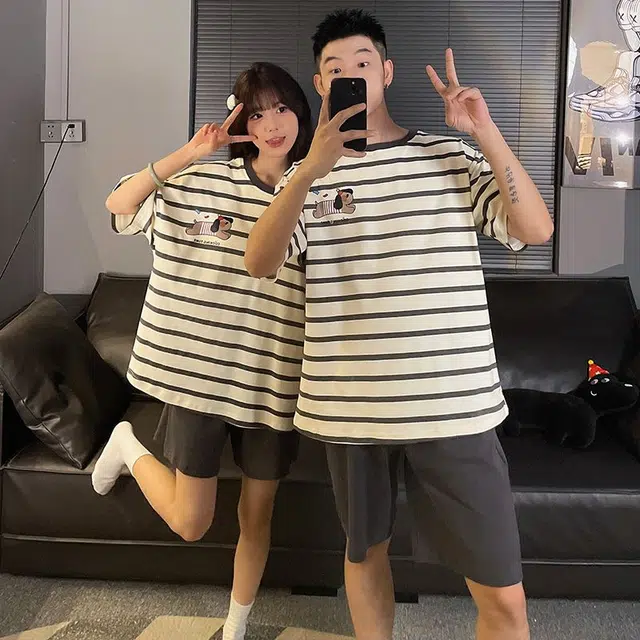 俏韵 圆领卡通仿棉短袖短裤大码家居服可外穿夏季睡衣套装 男女同款