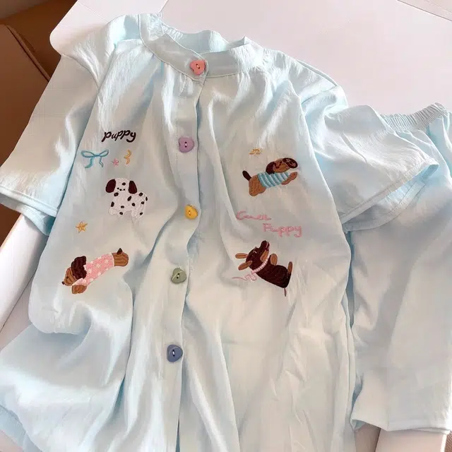 俏韵 圆领三件套清新蓝可爱小狗短袖家居服可外穿睡衣套装 女款