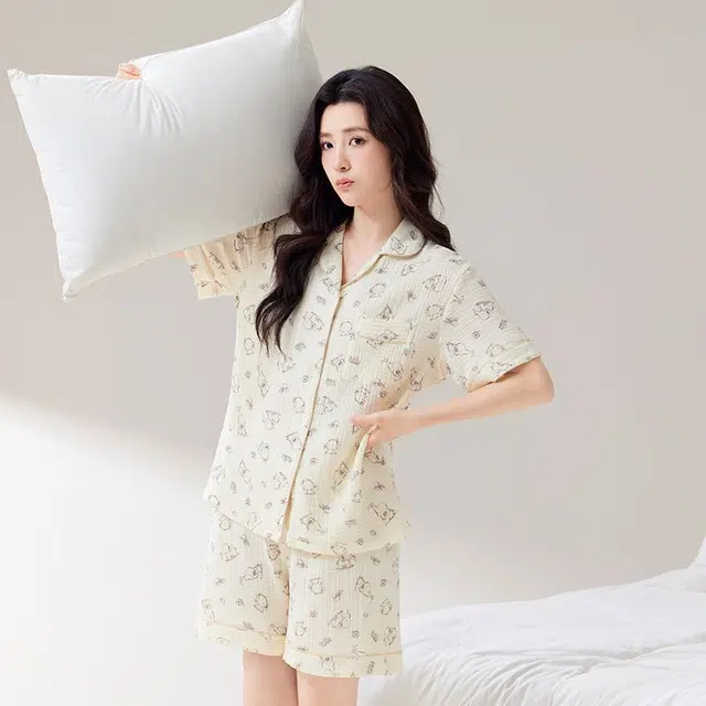 俏韵 翻领夏季纯棉甜美短袖短裤舒适薄款家居服可外穿睡衣套装 女款