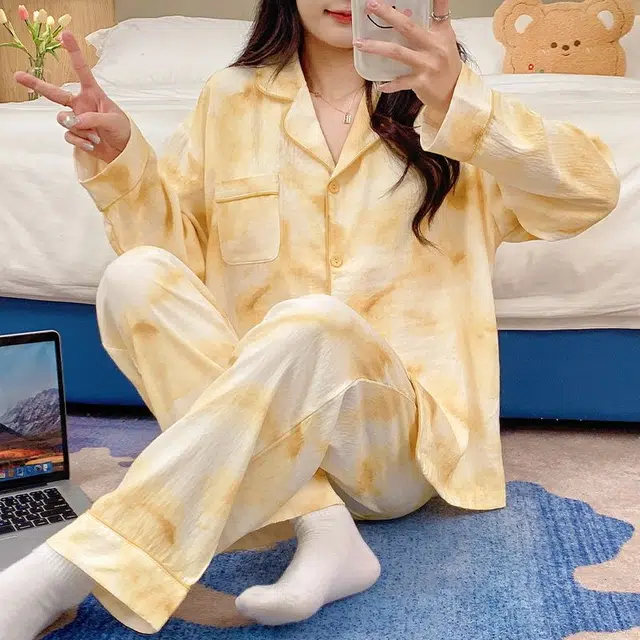 俏韵 翻领秋季薄款云朵棉长袖长裤带胸垫开衫休闲家居服可外穿睡衣套装 女款