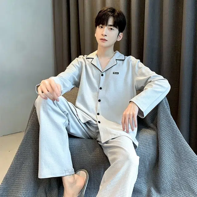 俏韵 翻领秋春季长袖长裤开衫休闲简约薄款家居服可外穿睡衣套装 男款