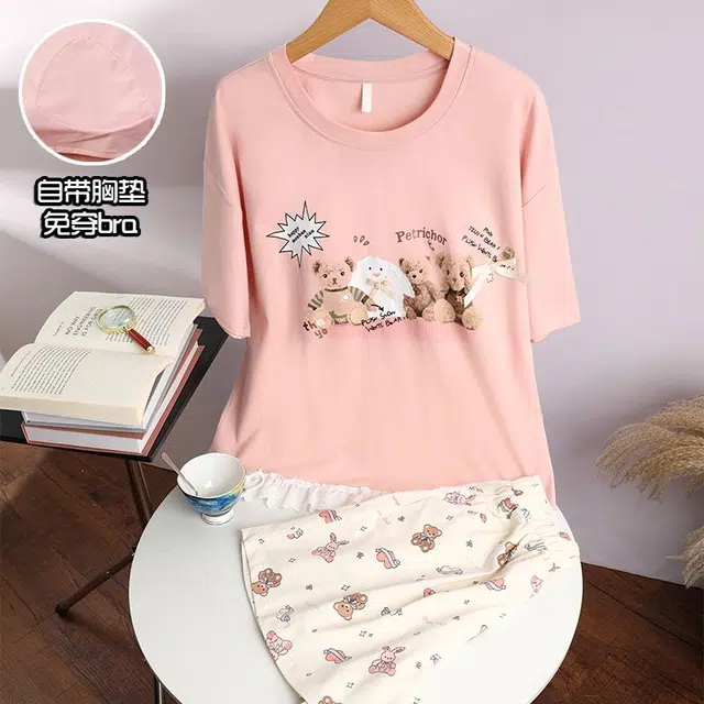 俏韵 圆领卡通短袖短裤可爱套头带胸垫甜美家居服可外穿夏季款睡衣套装 女款