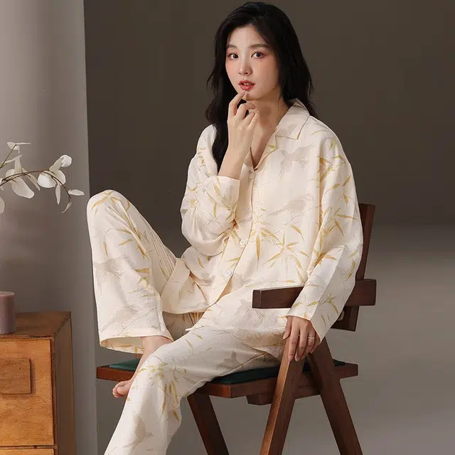 俏韵 翻领春秋季云朵棉简约长袖甜美可爱休闲风舒适薄款家居服可外穿睡衣套装 女款