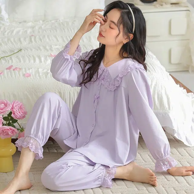 俏韵 翻领春秋季简约纯色长袖长裤甜美可爱休闲舒适薄款家居服可外穿睡衣套装 女款