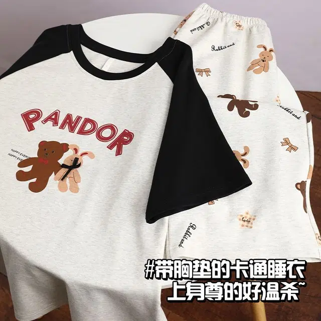 俏韵 圆领卡通短袖可爱短裤套头带胸垫家居服可外穿睡衣套装 女款