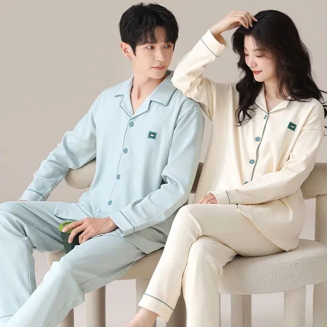 俏韵 翻领春秋季纯棉简约风长袖长裤甜美舒适休闲高级家居服可外穿睡衣套装 男女同款