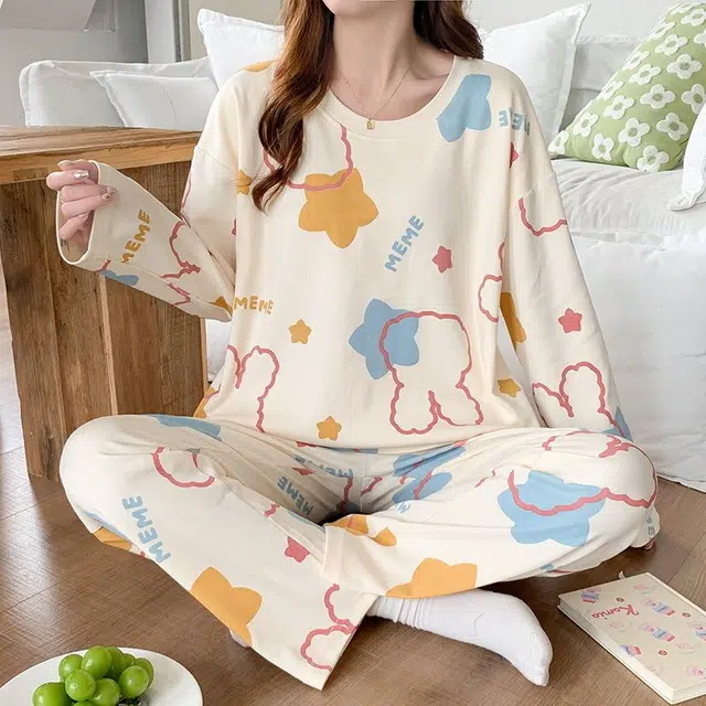 俏韵 圆领卡通春秋季仿棉长袖甜美休闲薄款家居服可外穿睡衣套装 女款