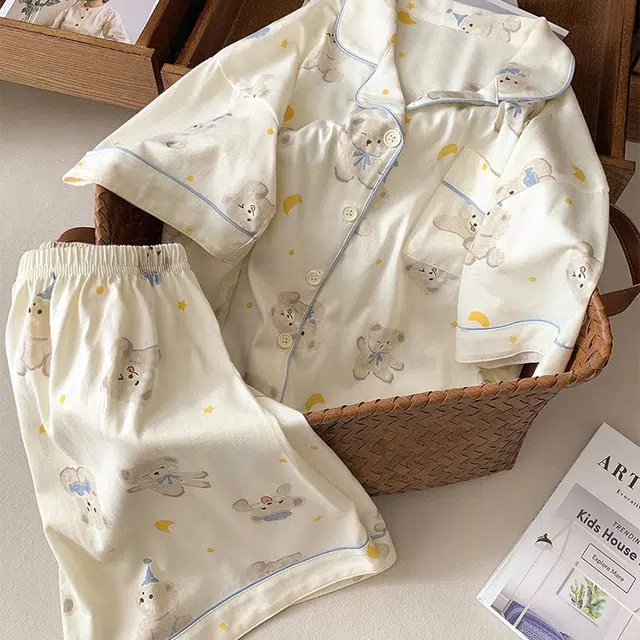 俏韵 舒适亲肤小熊短袖可爱家居服睡衣套装 女款 杏色