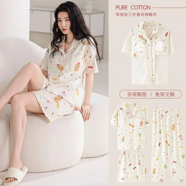 俏韵 翻领卡通夏季舒适甜美带胸垫短袖三件套薄款家居服可外穿睡衣套装 女款