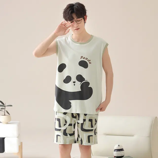 俏韵 卡通熊猫无袖背心五分裤休闲家居服睡衣套装 男款