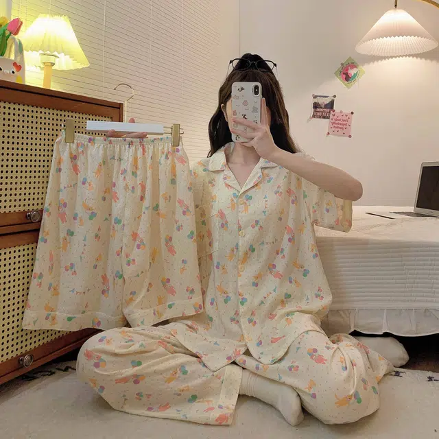 俏韵 翻领卡通短袖三件套开衫宽松甜美家居服可外穿睡衣套装 女款