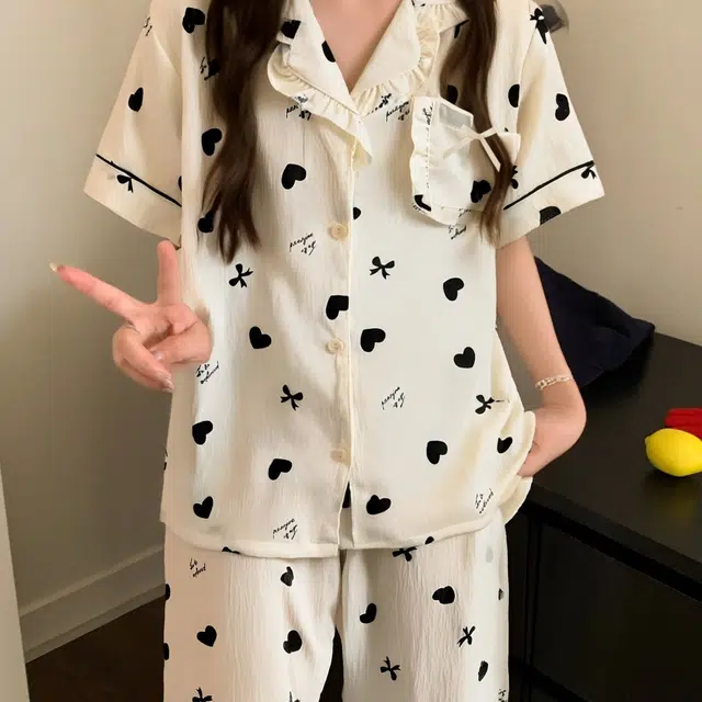 俏韵 翻领短袖长裤开衫甜美花边家居服可外穿睡衣套装 女款