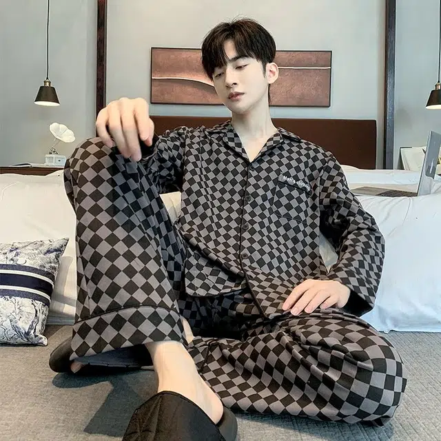 俏韵 翻领秋季长袖开衫春季休闲简约薄款家居服可外穿睡衣套装 男款