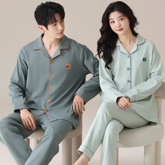 俏韵 翻领春秋季款纯棉简约长袖长裤甜美舒适休闲家居服可外穿睡衣套装 男女同款