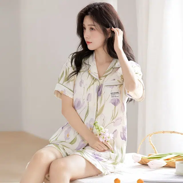 俏韵 翻领舒适甜美短袖三分裤薄款家居服可外穿夏季睡衣套装 女款