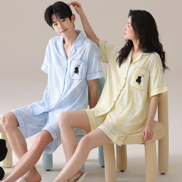 俏韵 翻领卡通简约短袖家居服可外穿睡衣套装 男女同款