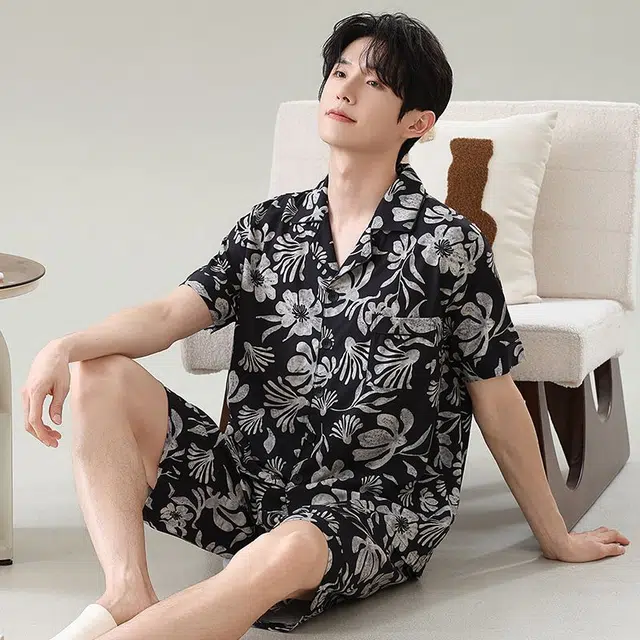 俏韵 翻领夏季冰雪丝短袖短裤宽松时尚简约大码薄款家居服可外穿睡衣套装 男款