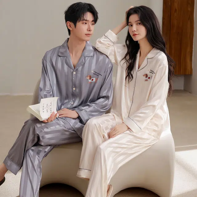 俏韵 翻领卡通春秋季冰丝简约长袖长裤甜美印花可爱舒适家居服可外穿睡衣套装 男女同款