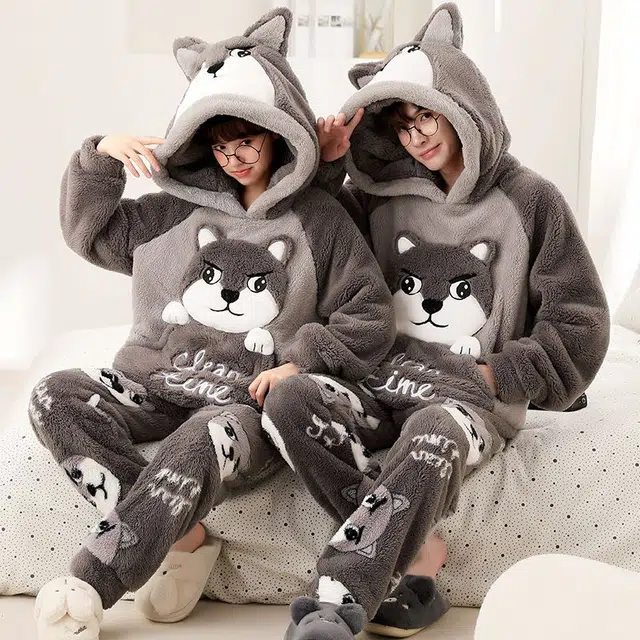 俏韵 连帽卡通冬季加绒保暖长袖长裤甜美印花可爱舒适家居服可外穿睡衣套装 男女同款