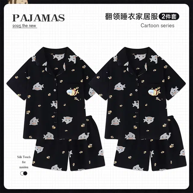 俏韵 翻领卡通蜜蜂鲨鱼家居服可外穿短袖三分裤睡衣套装 男女同款