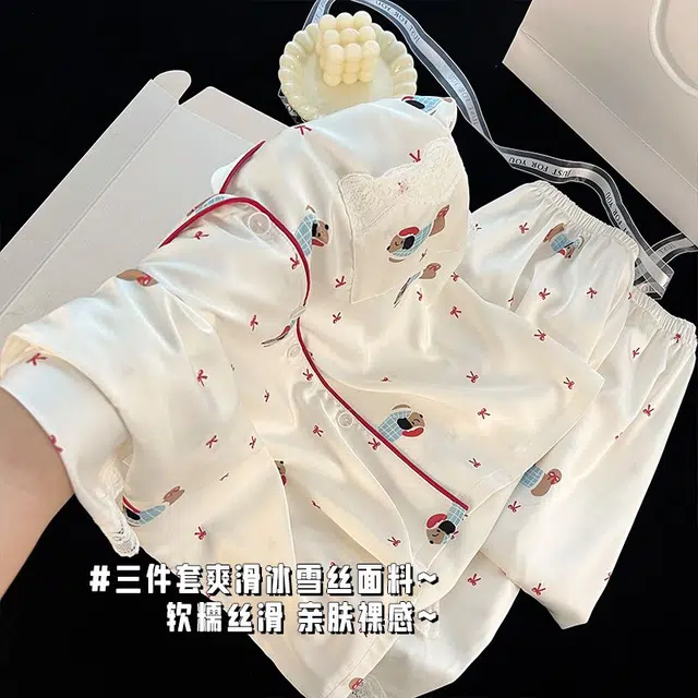 俏韵 翻领卡通腊肠狗夏季冰雪丝舒适可爱甜美短袖三件套薄款家居服可外穿睡衣套装 女款