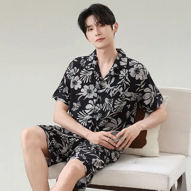 俏韵 翻领夏季冰雪丝短袖短裤宽松时尚简约大码薄款家居服可外穿睡衣套装 男款